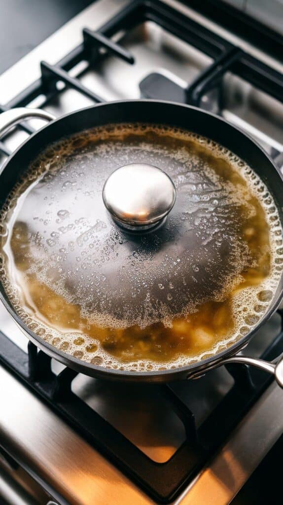 skillet covered and simmering, condensation on lid and bubbling broth visible around the edge.