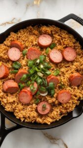finished Cajun kielbasa dirty rice in a black skillet, kielbasa slices mixed in with fluffy rice, green onions on top.