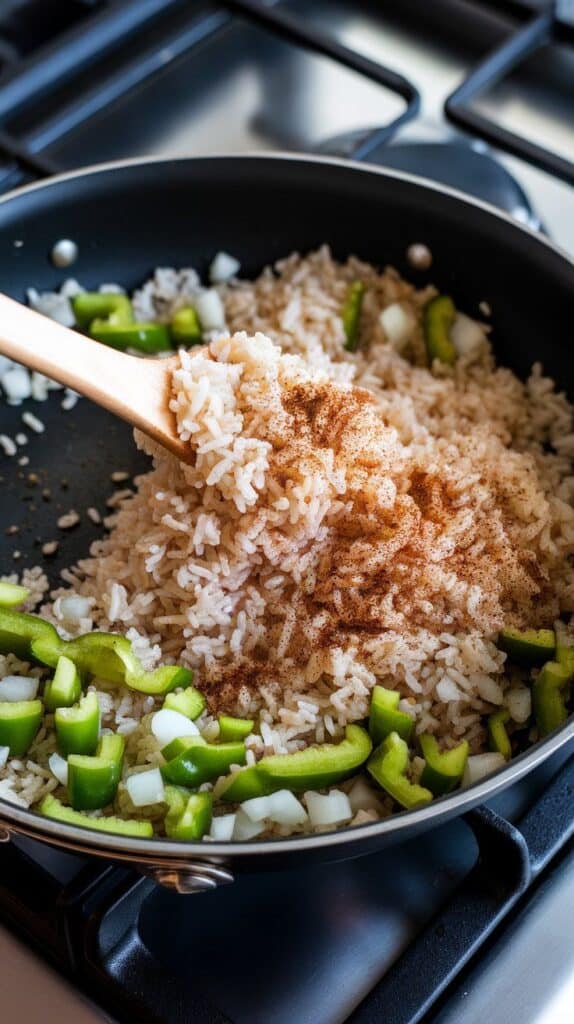 rice being stirred into sautéed onions and peppers with spices sprinkled on top, grains starting to toast slightly