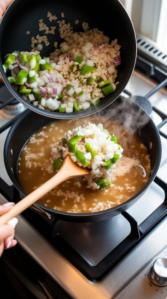 chicken broth being poured into spiced rice and veggie mixture in skillet, steam rising as it starts to simmer.