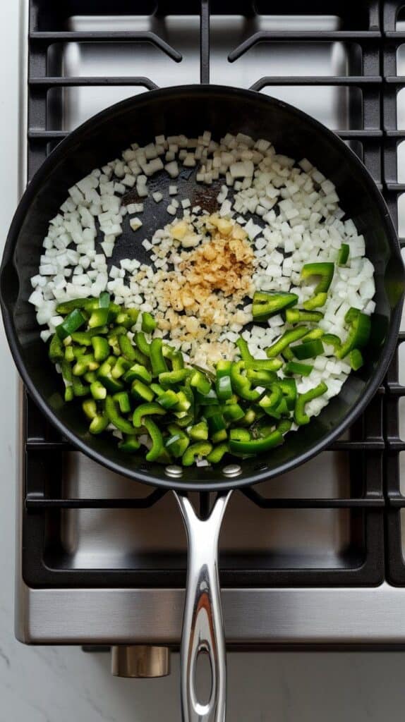 diced onions and green bell pepper sautéing in skillet, garlic just added and shimmering.