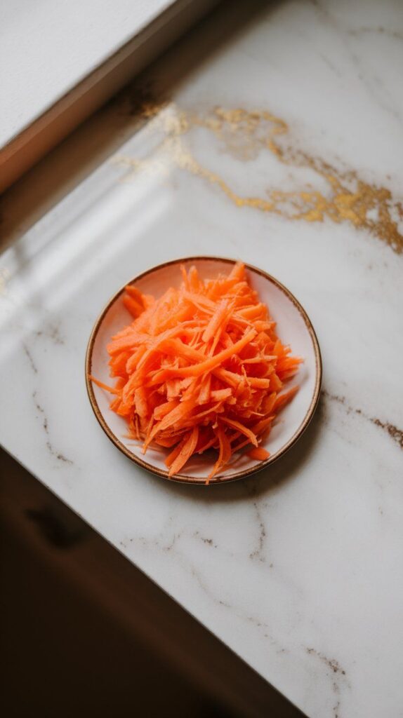 freshly shredded carrots on a small plate, fluffy and vibrant orange, texture light and airy, on white marble counters