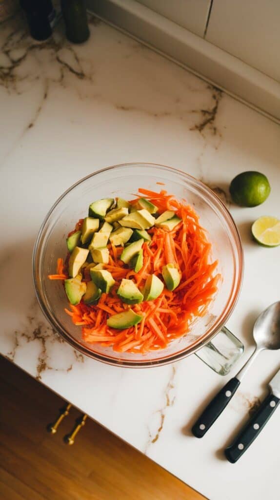shredded carrots and diced avocado being gently tossed with lime dressing in a glass mixing bowl, textures and colors vibrant and fresh
