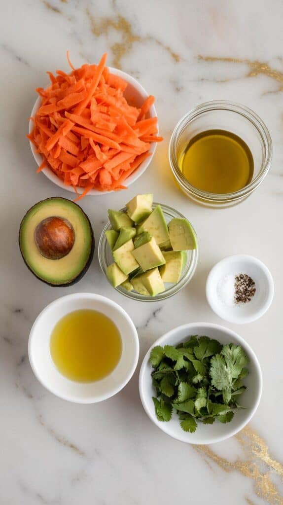 shredded carrots on a small plate, diced avocado in a clear bowl, lime juice in a small plate, olive oil in a small plate, honey in a tiny plate, salt in a pinch dish, black pepper in a pinch dish, and chopped cilantro on a small plate, all stored in unlabeled jars or plates