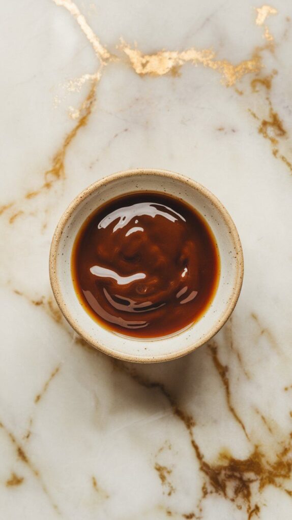 soy sauce, sesame oil, rice vinegar, honey, and olive oil being whisked into a glossy dressing in a small bowl, rich brown color and silky texture