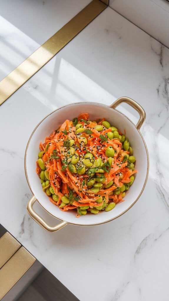 finished carrot edamame salad topped with sesame seeds and scallions, vibrant and colorful with a glossy finish