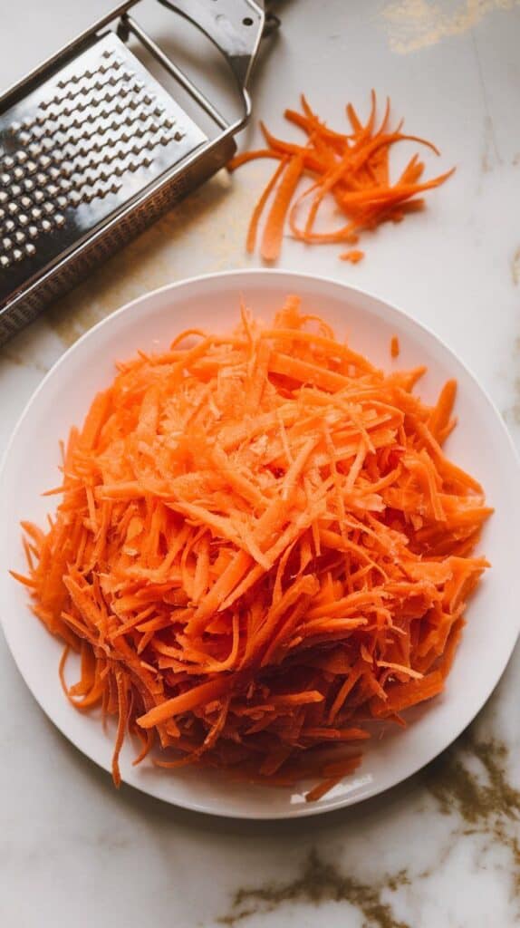 freshly shredded carrots in a small plate, soft and light with a bright orange color, ribboned texture visible