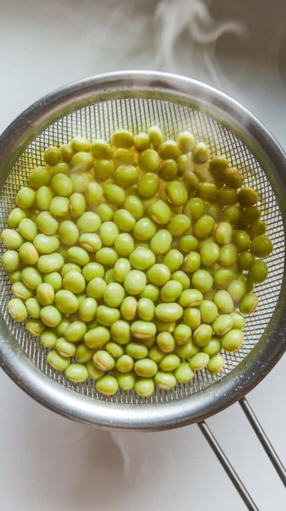 bright green edamame being drained in a small sieve after boiling, tender and glossy, steam rising slightly