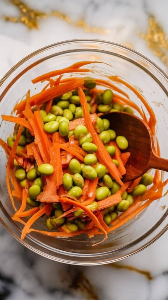shredded carrots and edamame being tossed with soy sesame dressing in a glass bowl