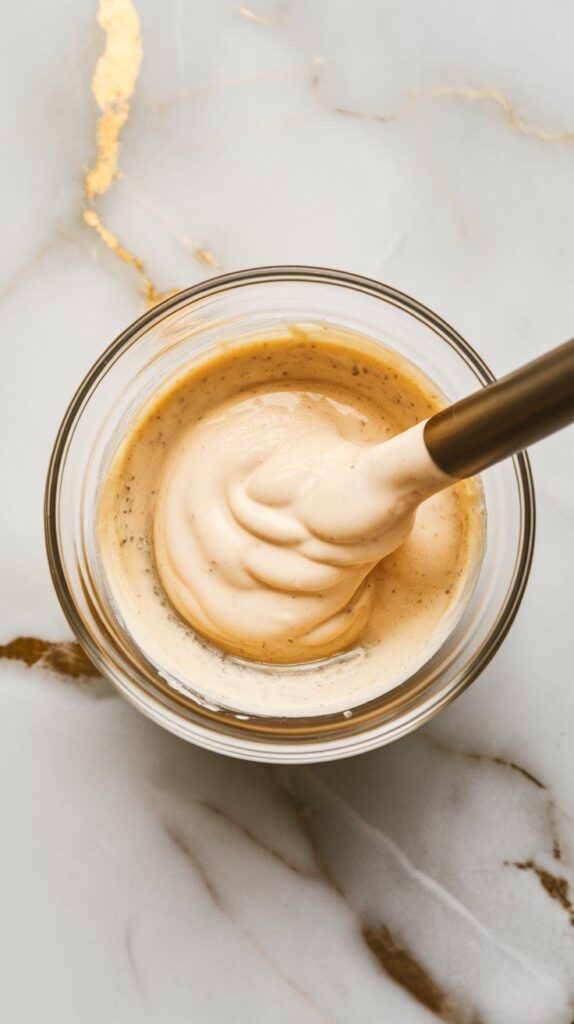 creamy dressing being stirred together in a small bowl—mayo, rice vinegar, sesame oil, and salt—forming a pale, glossy sauce
