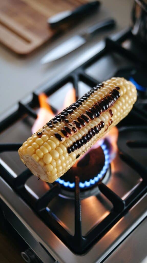 corn on the cob charring over an open flame, with darkened grill marks forming, some golden kernels showing