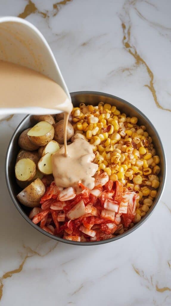 cooked potatoes, charred corn kernels, and chopped kimchi in a large bowl with creamy dressing being poured over, ingredients colorful and fresh