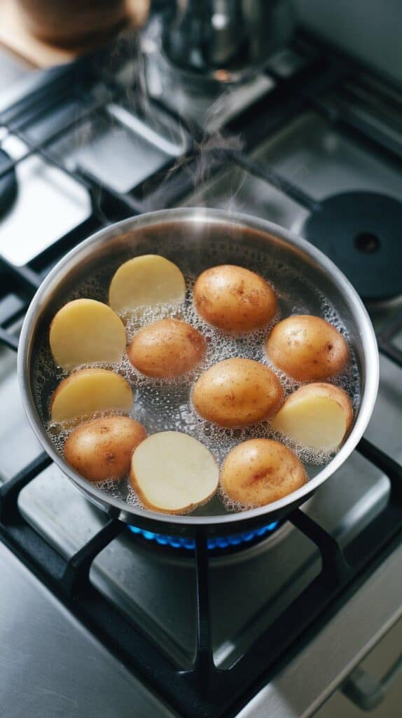 halved baby potatoes simmering in bubbling water, steam rising, skins slightly glossy