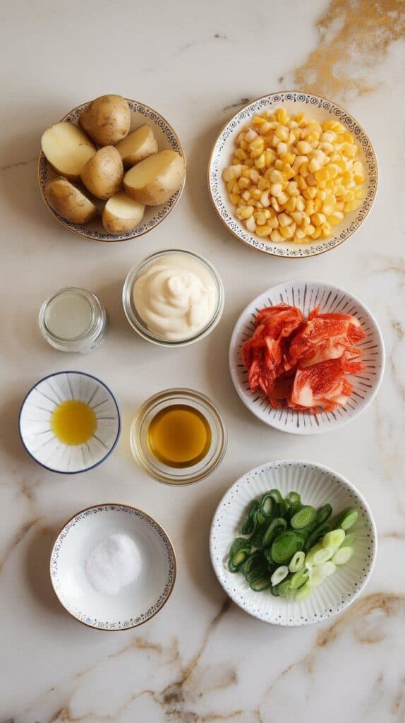halved baby potatoes on a small plate, two ears of raw corn with husks removed, chopped kimchi in a small bowl, mayo in a small plate, rice vinegar in a tiny clear jar, sesame oil in a small plate, salt in a pinch dish, sliced scallions on a small plate, all stored in jars or small plates with no labels, arranged neatly