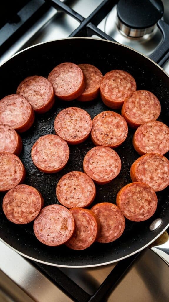 kielbasa slices sizzling in a pot, browned on edges with a bit of crispiness