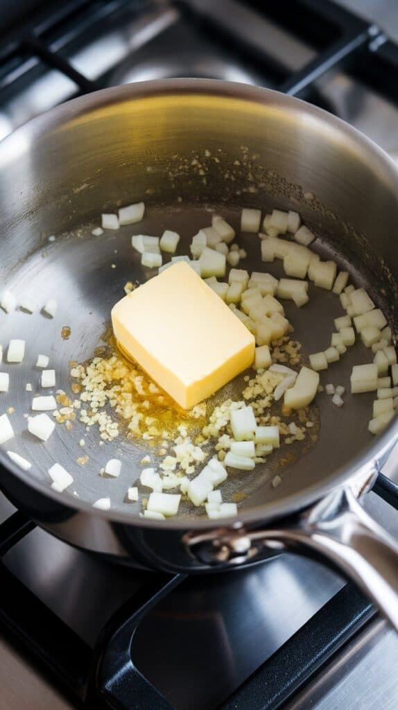 butter melting with diced onion and minced garlic cooking down, edges slightly golden