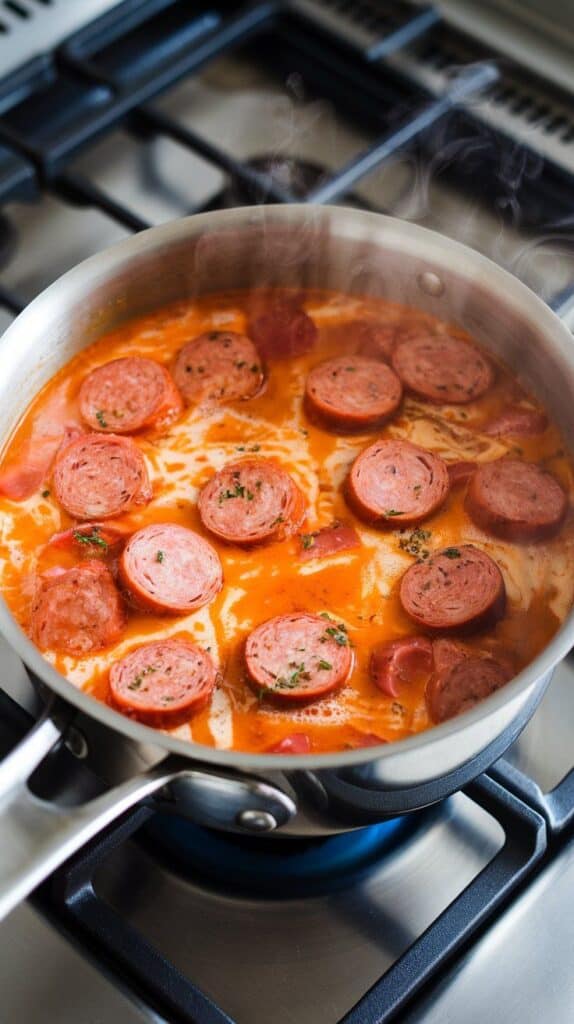 thick soup with sliced kielbasa mixed into cheesy broth, steam rising