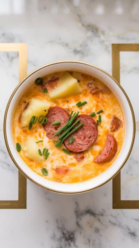 finished bowl with garnish, showing rich cheesy broth, chunks of potato, kielbasa slices, and bright green chives on top.