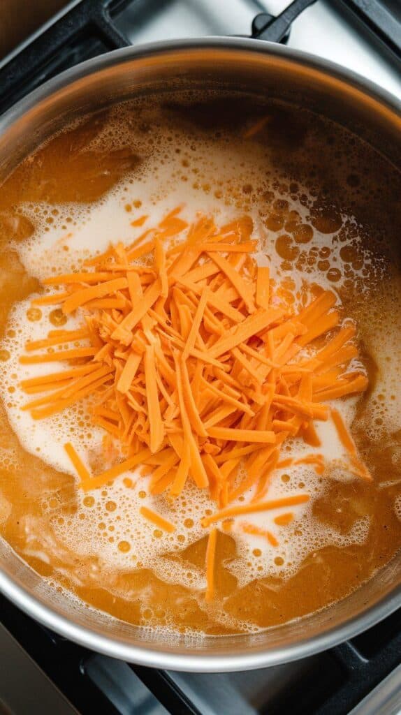 shredded cheddar melting into creamy broth with milk, turning the soup rich and golden.