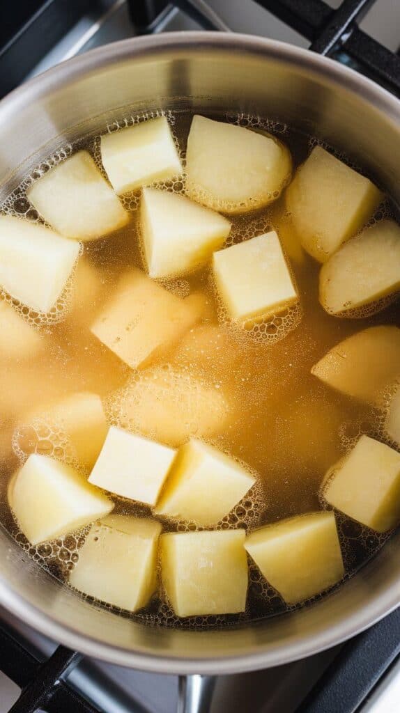diced potatoes simmering in golden chicken broth, bubbles just starting to rise.