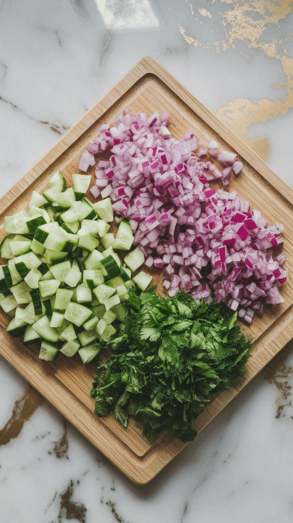 diced cucumber, finely chopped red onion, and freshly chopped parsley on a wooden cutting board, colorful and vibrant, on white marble counters with hints of gold