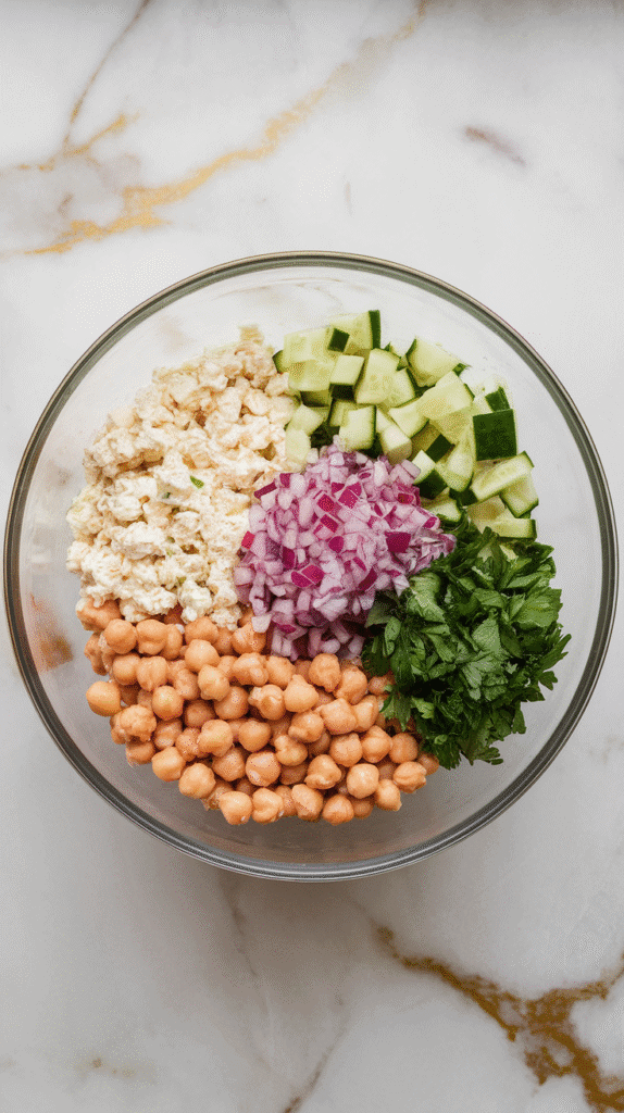 all salad ingredients—chickpeas, cottage cheese, diced veggies, lemon juice, olive oil, and seasonings—just added to a mixing bowl, ready to be stirred