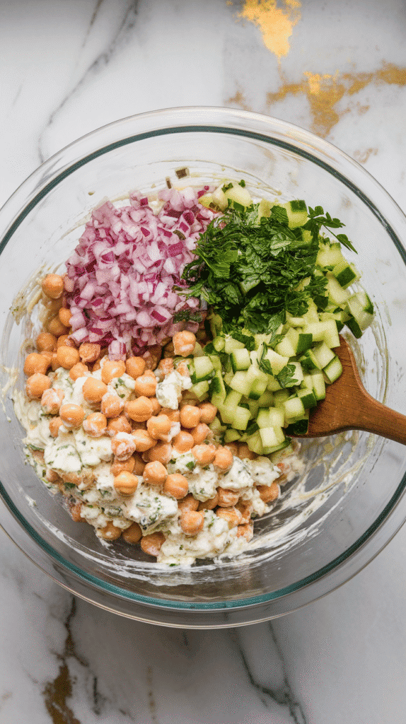 f the salad being gently stirred in a mixing bowl, creamy cottage cheese coating chickpeas and veggies, all ingredients still intact and colorful