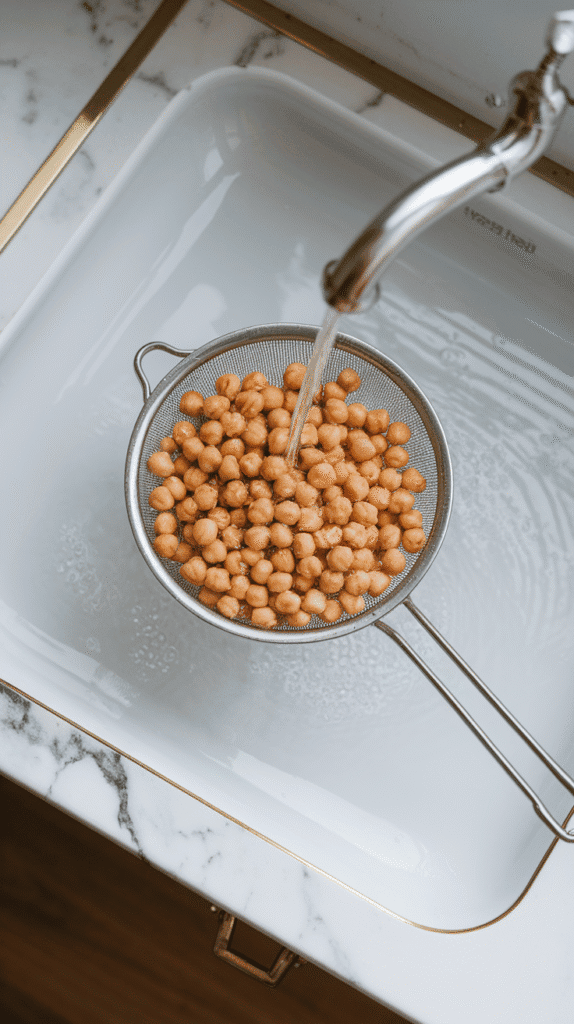 canned chickpeas in a strainer under running water, rinsed clean and starting to dry on a paper towe