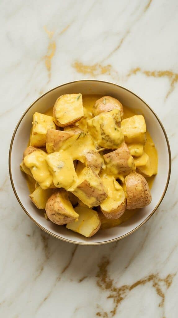 warm cubed potatoes in a bowl being tossed with creamy yellow coconut curry dressing