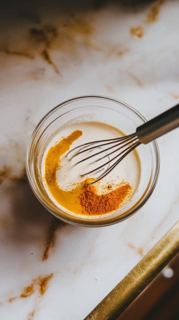 creamy coconut curry dressing being whisked in a small bowl—coconut milk, curry powder, lime juice, olive oil, and salt