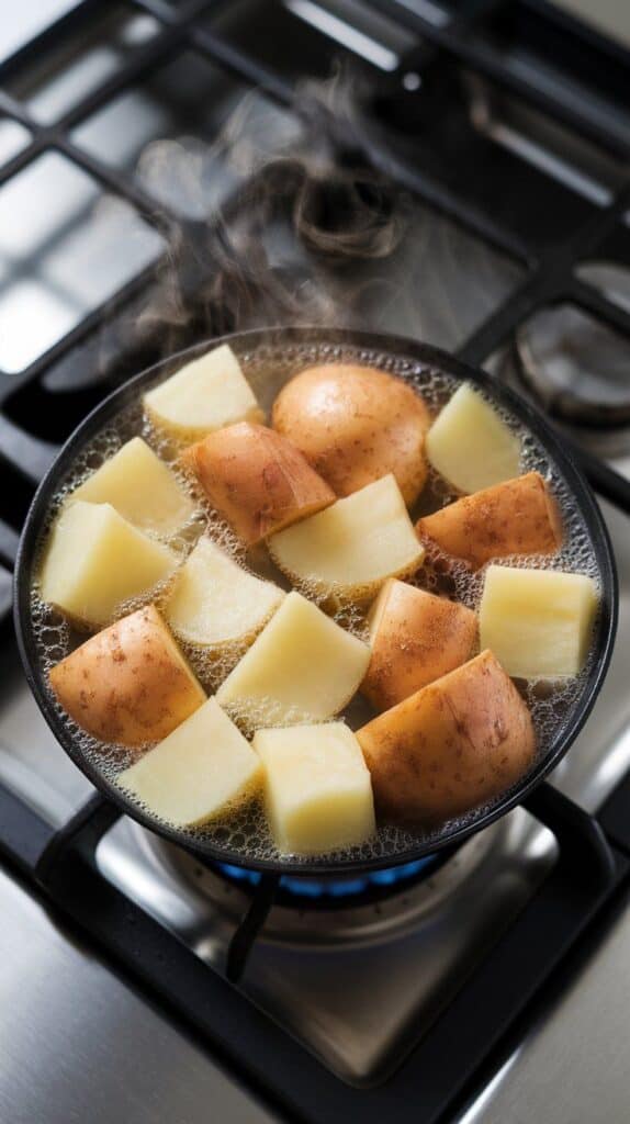 cubed Yukon gold potatoes simmering in bubbling water, steam rising, edges softening
