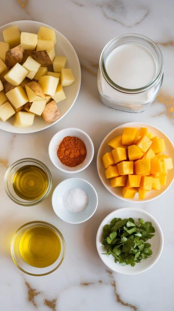 cubed Yukon gold potatoes on a small plate, full-fat coconut milk in a clear jar, diced ripe mango on a small plate, curry powder in a small plate, lime juice in a tiny jar, olive oil in a small plate, salt in a pinch dish, chopped fresh cilantro on a small plate