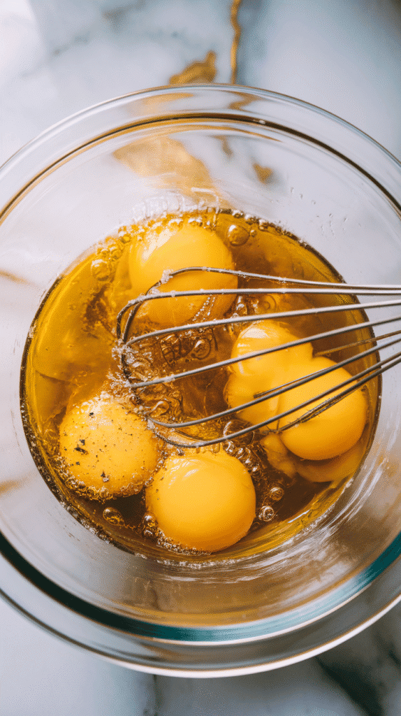 4 eggs cracked into a glass bowl and being whisked until smooth with salt and pepper, bubbles forming, on white marble counters with hints of gold