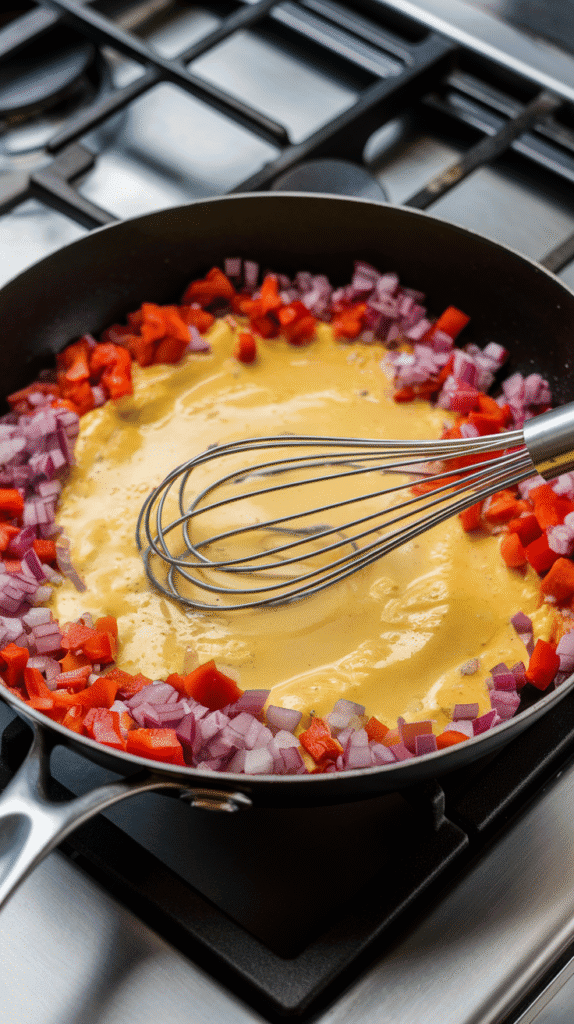 whisked eggs poured over sautéed veggies in the skillet, gently scrambled and soft, not fully cooked yet, on a modern stainless steel gas stove, with all-natural lighting