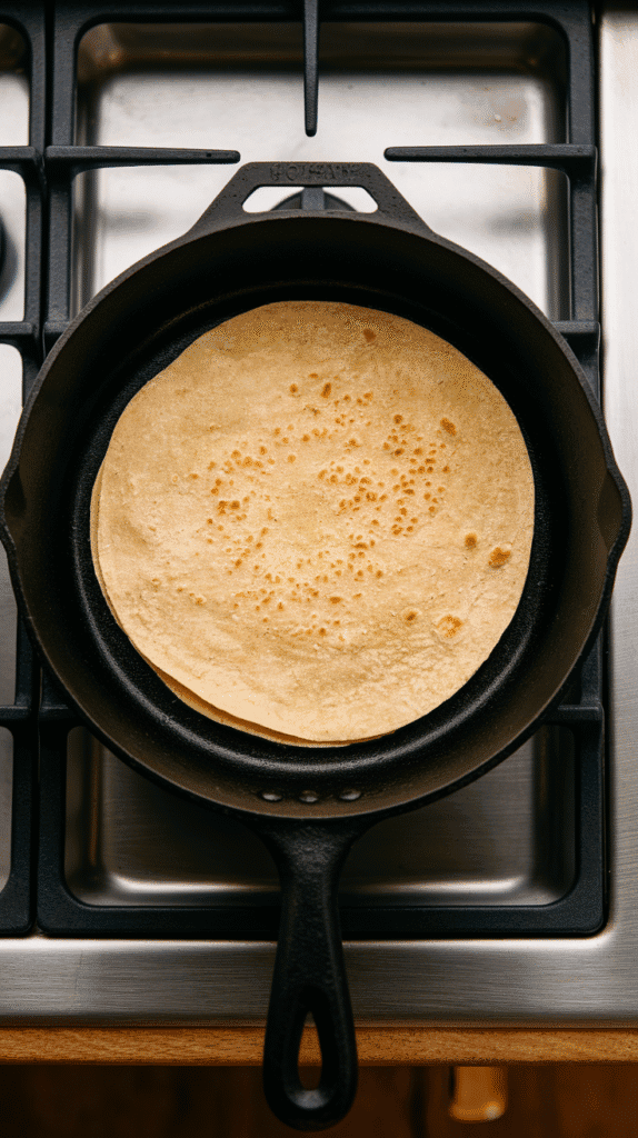 corn tortillas heating in a dry skillet, soft and slightly puffed, on a modern stainless steel gas stove