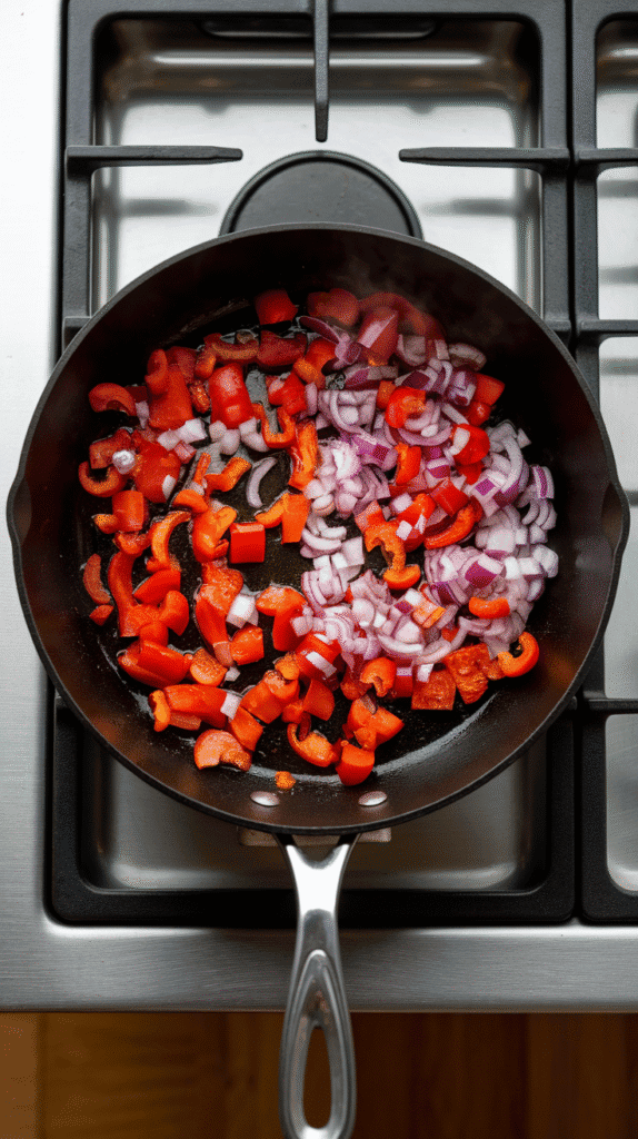 diced bell peppers and onions sizzling in a nonstick skillet with olive oil, just starting to soften and brown slightly