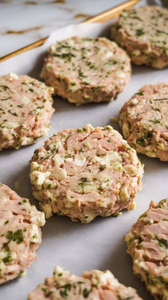 uncooked chicken patties, evenly shaped and arranged on a parchment-lined tray. Visible texture from cottage cheese and herbs.
