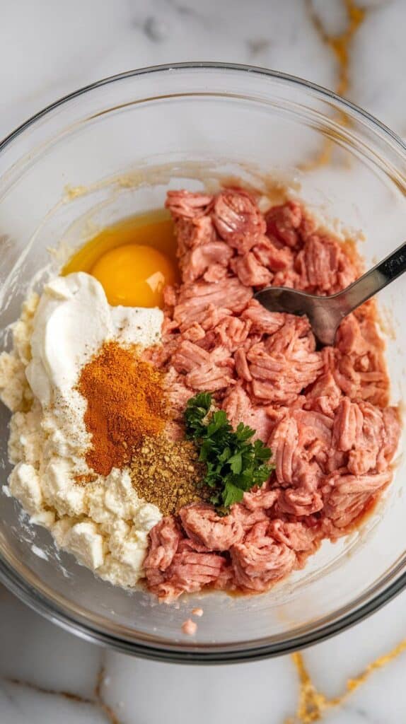 a mixing bowl with ground chicken, creamy cottage cheese, cracked egg, panko, garlic, spices, and parsley being stirred with a spoon.