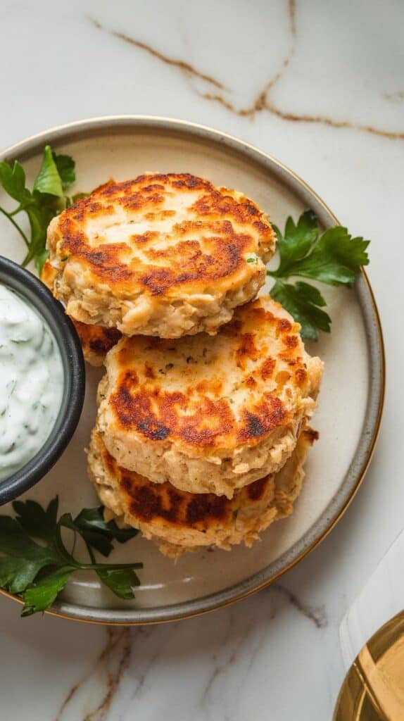 golden brown cottage cheese chicken patties stacked on a ceramic plate with a bowl of dipping sauce (like tzatziki or mustard) on the side.