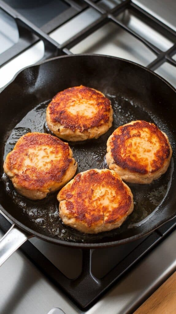 golden brown chicken patties sizzling in olive oil in a skillet, crispy edges forming, cheese slightly melted into the crust.