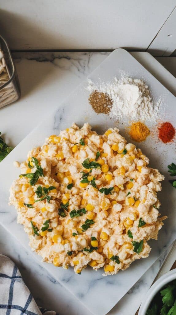 flour and spices being folded into the cottage cheese and corn mixture, forming a thick, lumpy batter with green flecks from parsley and onion.