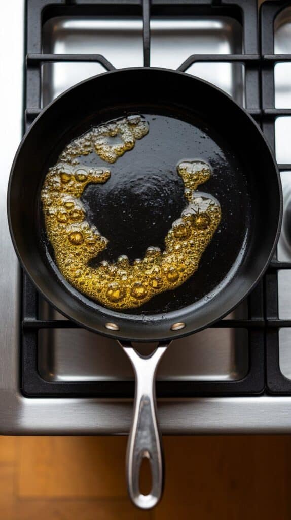 oil shimmering in a nonstick skillet on the stove, golden tone just starting to swirl in the pan.