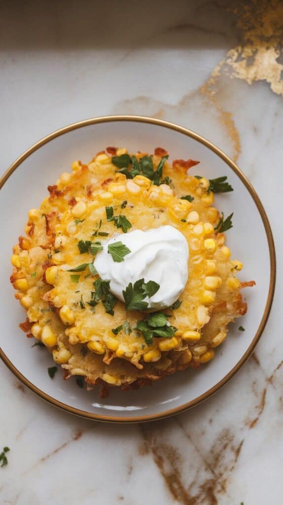 a plate stacked with golden corn fritters, crispy and warm, garnished with parsley and a dollop of sour cream