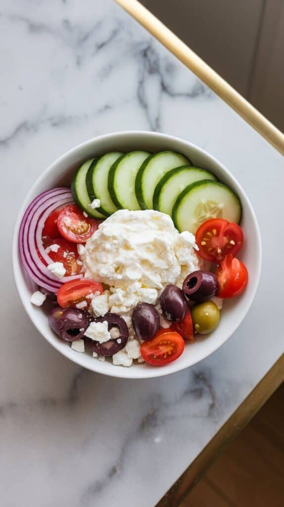 sliced veggies, olives, and crumbled feta added around a scoop of cottage cheese in a white bowl, colors vibrant and ingredients fresh