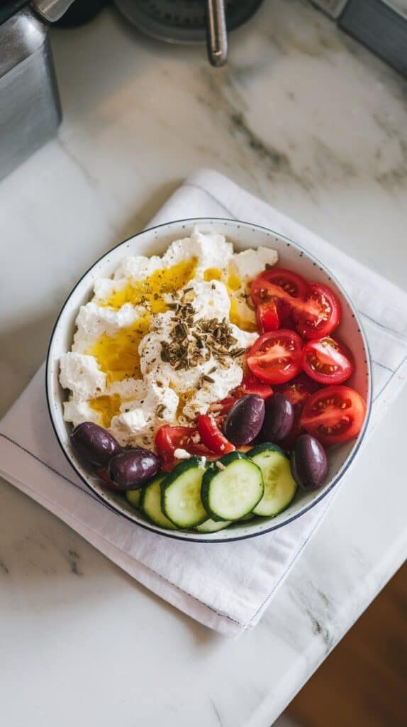 olive oil and lemon juice being drizzled over a bowl of cottage cheese, tomatoes, cucumbers, olives, and feta, finished with a dusting of dried oregano.