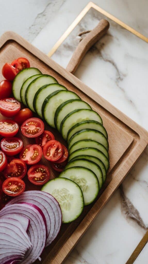 freshly sliced cucumbers, halved cherry tomatoes, and thin slices of red onion on a wooden cutting board.