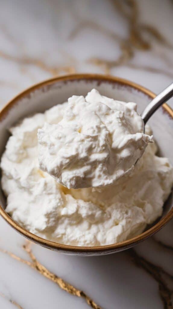 reamy white cottage cheese spooned into a shallow bowl, soft curd texture visible.