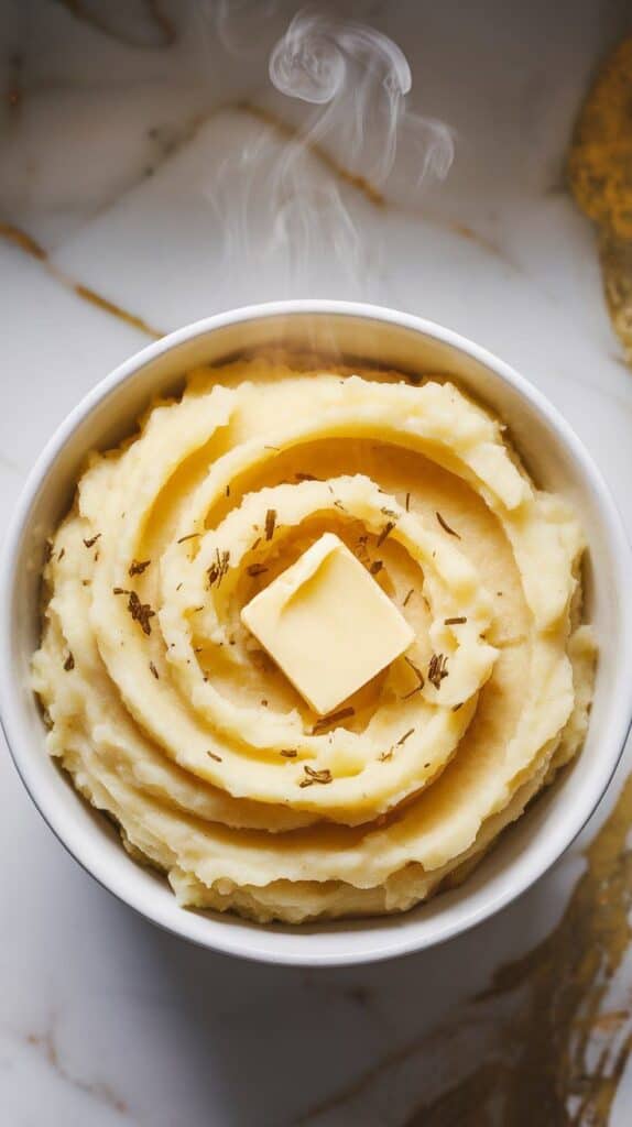 inished mashed potatoes swirled in a serving bowl with chopped chives on top and cracked pepper, butter melted into the center,
