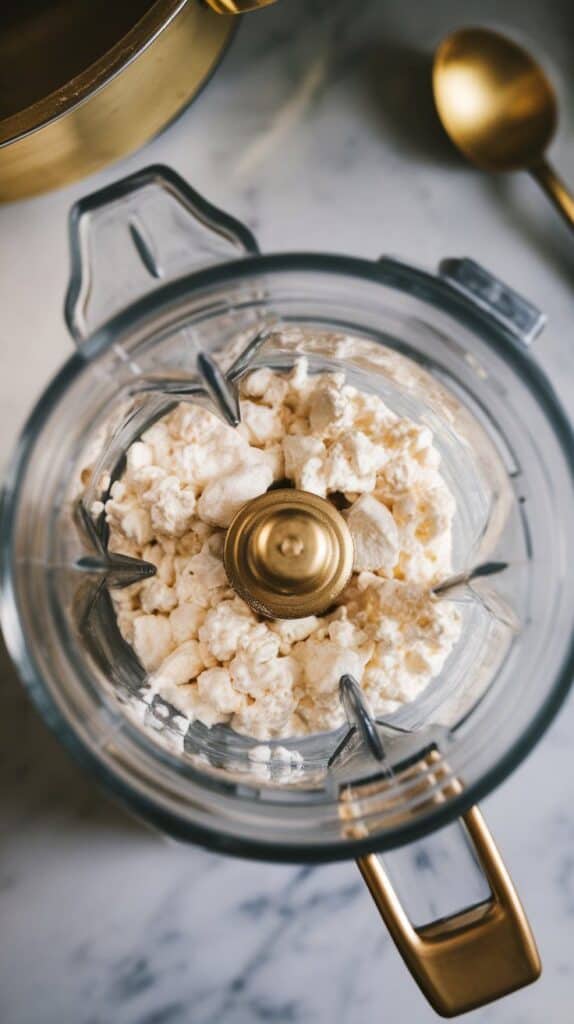 small curd cottage cheese in a blender being pureed into a creamy smooth texture, no curds visible, glossy finish