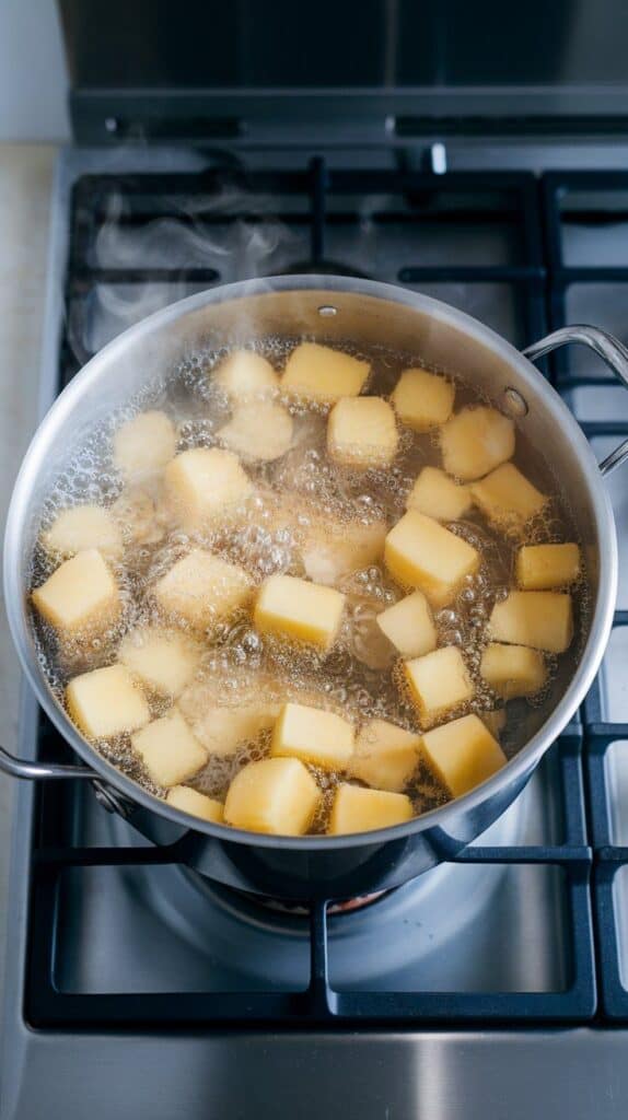 peeled, cubed potatoes boiling in salted water in a large pot, bubbling gently with steam rising, on a modern stainless steel gas stove